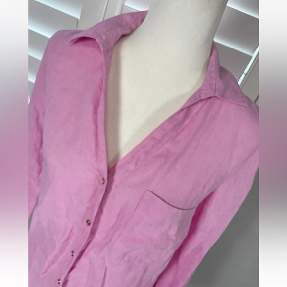 Zara Womens Small 100% Linen Pink Gold Long Sleeve Button Up Shirt Summer Beach - Picture 5 of 16